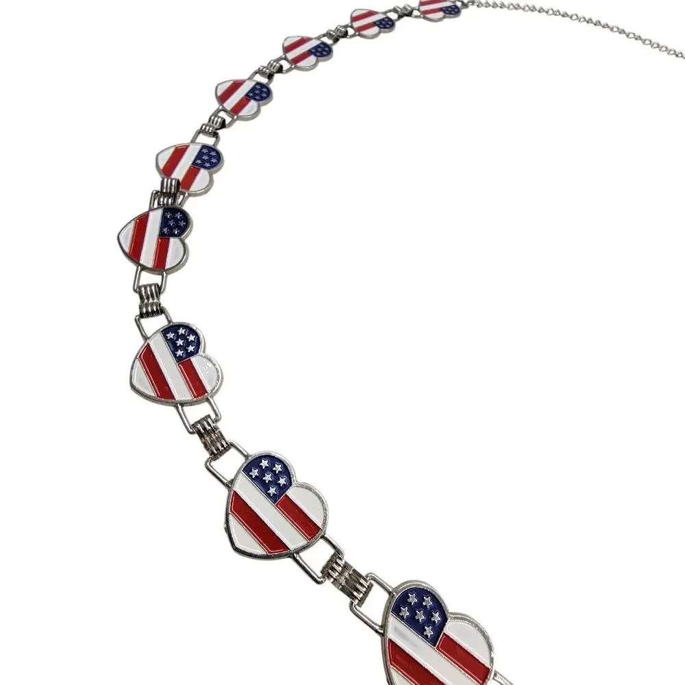 Vtg Americana USA Flag Heart Link Chain Belt Enamel Patriotic Silver Tone Womens